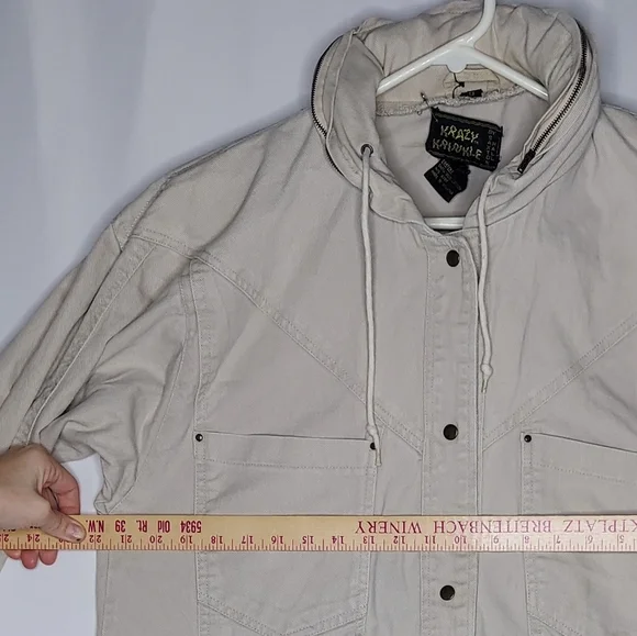 80's Denim Trench Jacket Small Women Krazy Krinkle Beige Snap Button Pocket FLAW